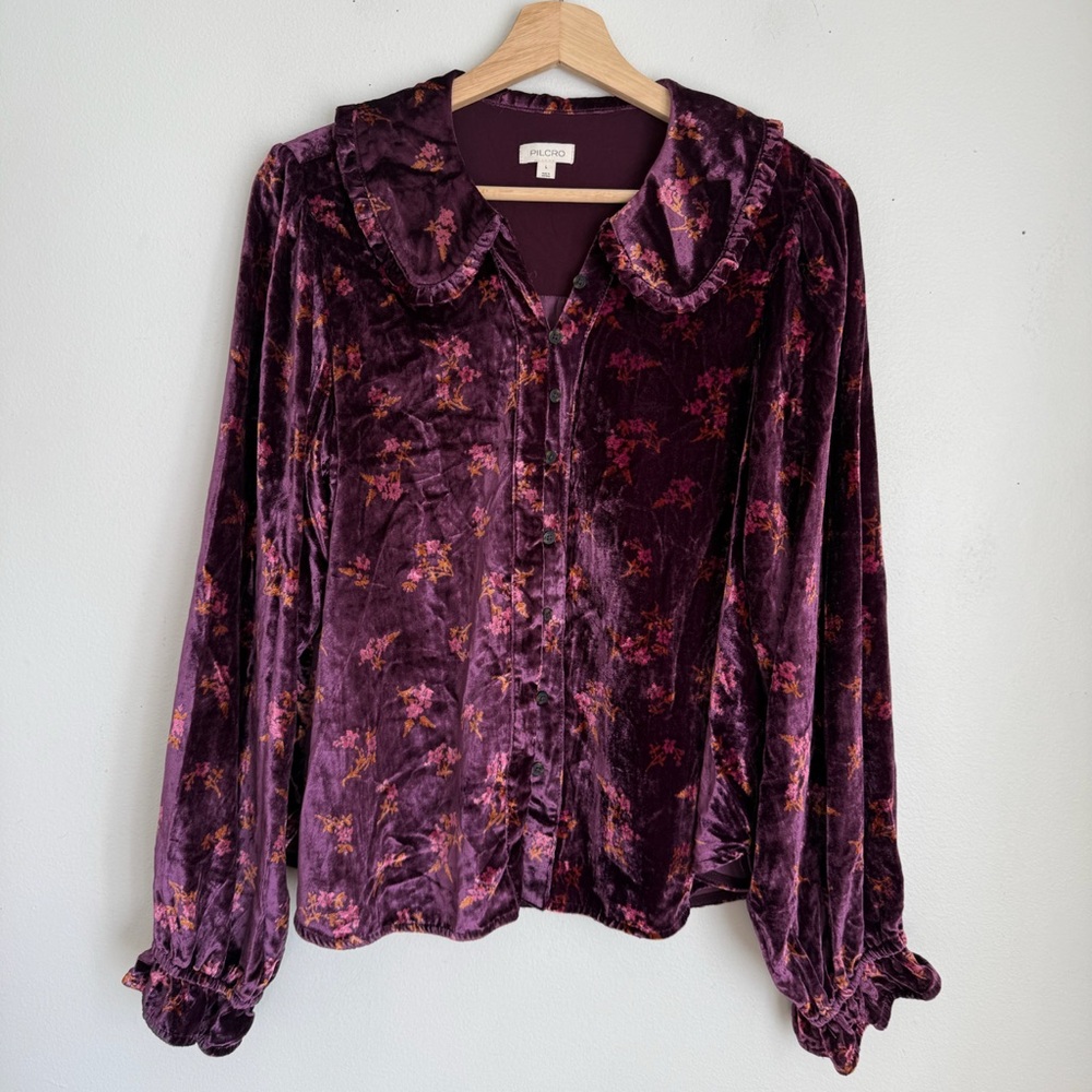Pilcro Anthropologie Keira Collared Velvet Button-Front Blouse - Picture 5 of 9